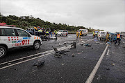 The remains of two vehicles that collided head-on on Good Friday on the R61 at the Shelly Beach off-ramp in KwaZulu-Natal. At least six people were killed.