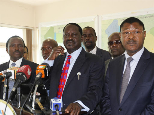 Nasa leader Raila Odinga with co - principals Kalonzo Musyoka and Moses Wetangula./MONICAH MWANGI