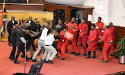 Members of the EFF are evicted from the 2023 state of the nation address at parliament on February 9 2023 in Cape Town. (Photo by Gallo Images/Jeffrey Abrahams)