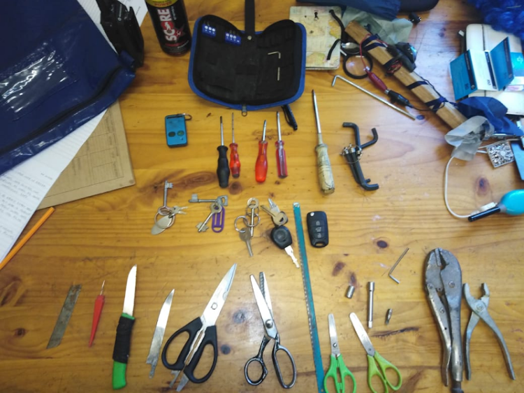 Some of the implements recovered from a tent used by alleged burglars in Mowbray, Cape Town.