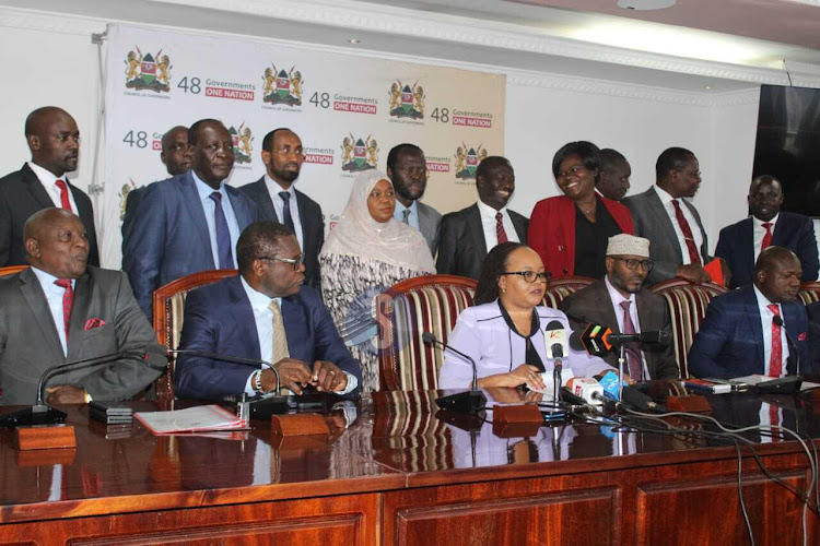 Council of Governors chairperson Anne Waiguru leads the governors during a full council meeting to discuss the ongoing doctors' strike at the CoG headquarters in Nairobi on April 16, 2024.