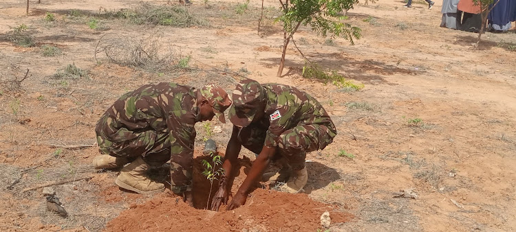 Military officers planting a tree at the Garissa teachers Training college.