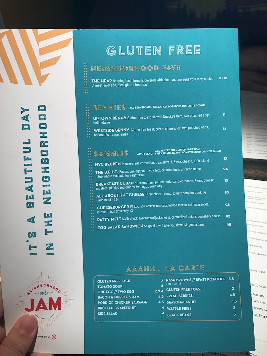 Neighborhood JAM gluten-free menu