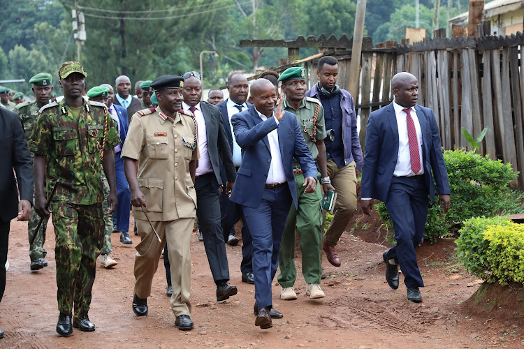 Interior CS Kithure Kindiki with Kisii county security heads arrive at the Kisii Prison to asses progress of the prison relocation process on March 25, 2024.