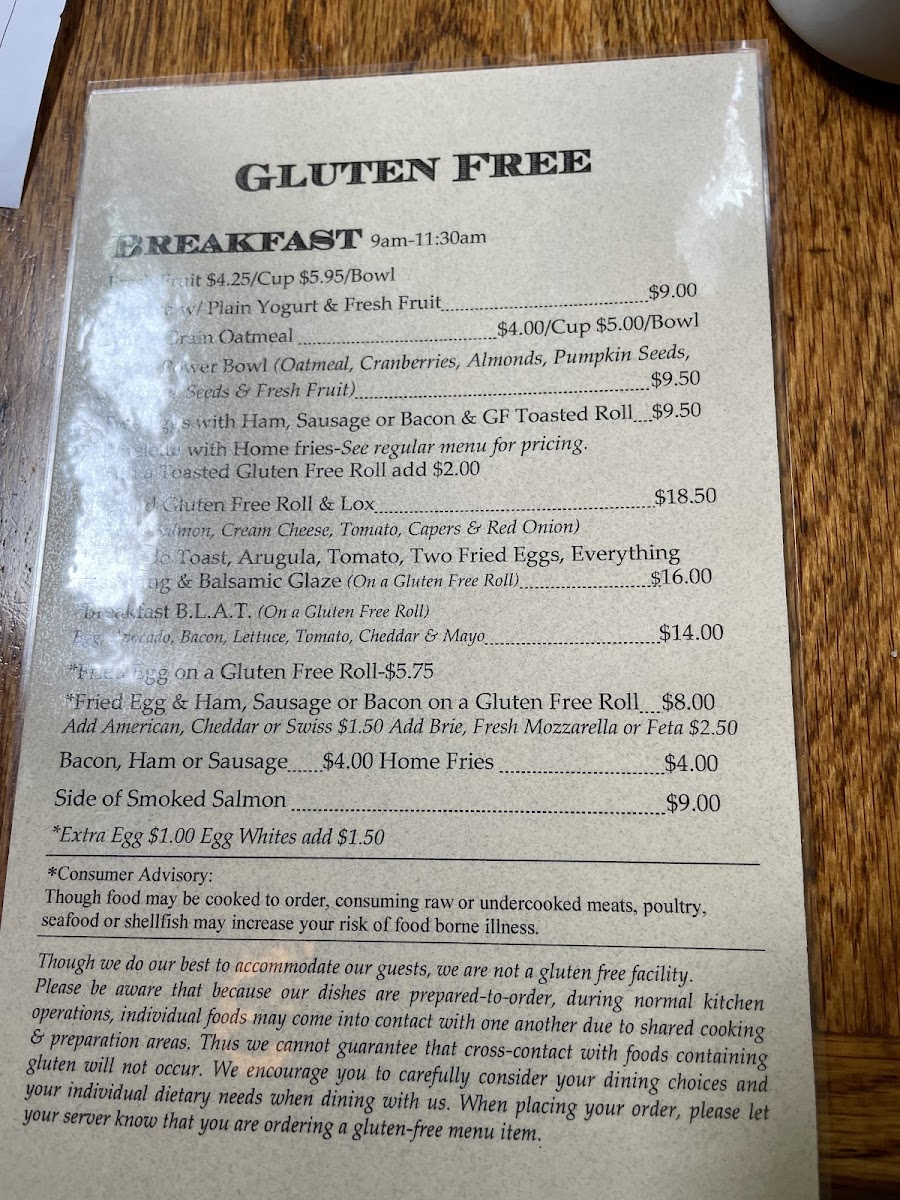 Waterwheel Café, Bakery & Bar gluten-free menu