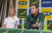 Coach Rassie Erasmus of the Springboks and Pieter-Steph du Toit of the Springboks during the Springboks team announcement media conference at Livorno Room, Tsogo Sun Montecasino on May 30, 2018 in Johannesburg, South Africa.
