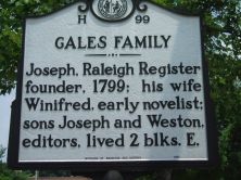 Joseph, Raleigh Register founder, 1799; his wife Winifred, early novelist; sons Joseph and Weston, editors, lived 2 blks. E.Plaque via North Carolina Highway Historical Marker Program, and is used...