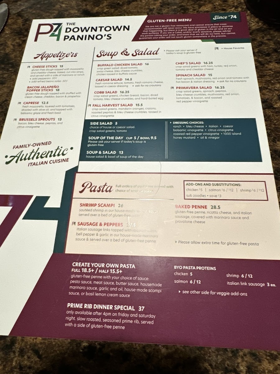 Panino's Restaurant gluten-free menu