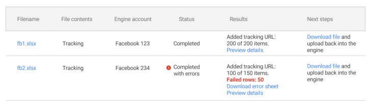 Example columns in the Uploads reporting table.