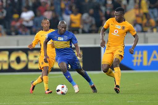 Aubrey Modiba (wearing blue) of Cape Town City FC and Sibusiso Khumalo of Kaizer Chiefs during the MTN 8 match between Cape Town City FC and Kaizer Chiefs at Cape Town Stadium on August 26, 2016 in Cape Town, South Africa.