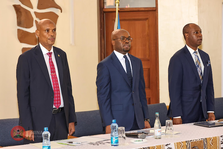 Interior PS Raymond Omollo, DCI boss Mohamed Amin and Livestock Develoment PS Jonathan Mueke at the Kenya School of Government on April 16, 2024