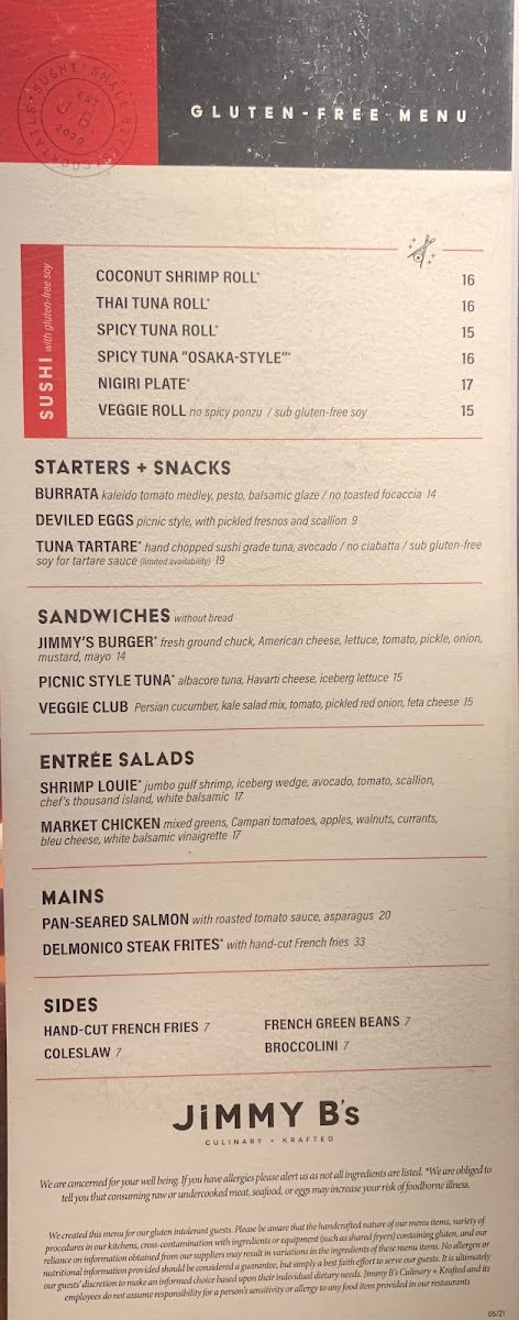 Jimmy B's Culinary + Krafted gluten-free menu