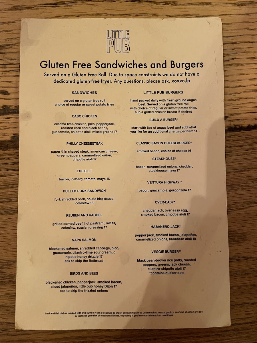 Little Pub gluten-free menu