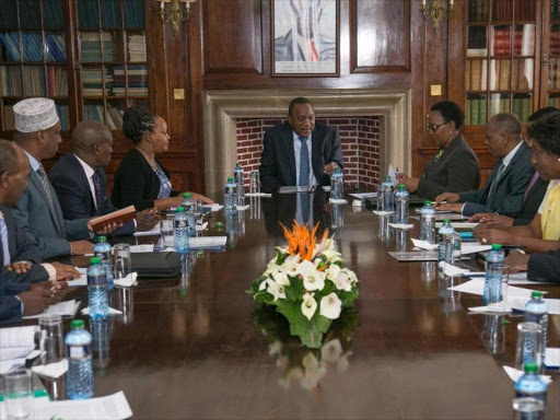 President Uhuru Kenyatta meets 11 Governors including the chair of the health committee of the Council of Governors, Mohamed Kuti of Isiolo, and the Council's Vice Chairperson, Anne Waiguru of Kirinyaga at State House, Nairobi,March 6. /PSCU