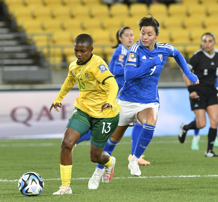 Banyana veteran defender Bambanani Mbane is challenged by Giancinti Valentina of Italy during their 2023 Fifa Women’s World Cup match in August 2 in Wellington , New Zealand.