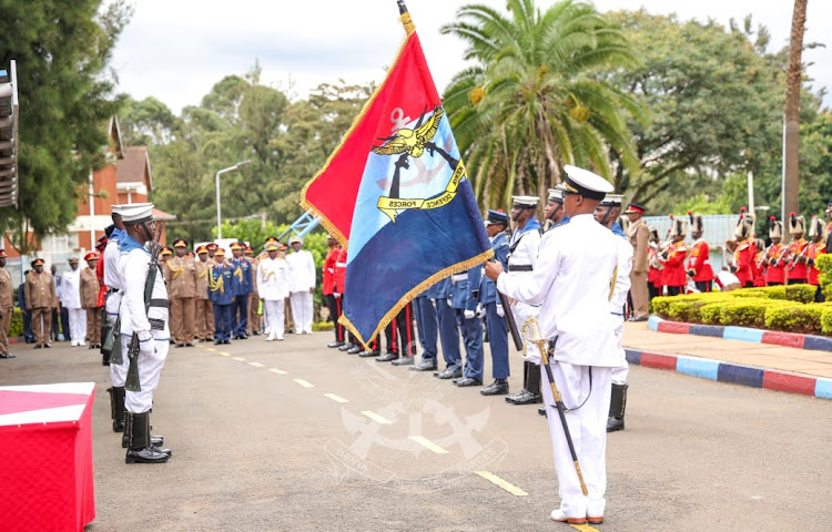 Chief of Defence Forces (CDF) General Charles Kahariri inspecting the Guard of Honour during the change of guard at the Defence Headquarters in Nairobi on May 7, 2024.