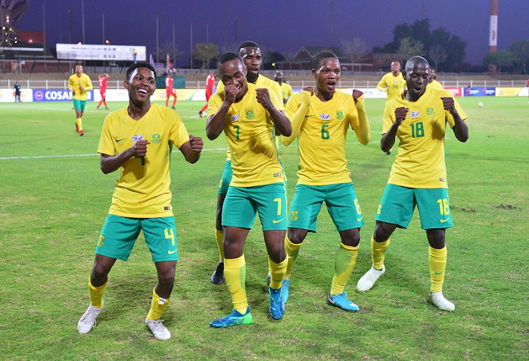 Lebohang Maboe of South Africa celebrates goal with teammates during the 2018 COSAFA plate semifinals match between Namibia and South Africa at Old Peter Mokaba Stadium, Polokwane on 05 June 2018.