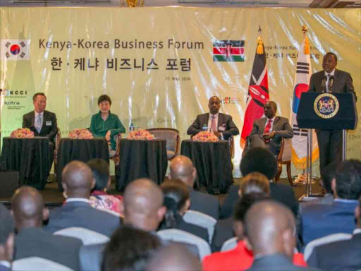 President Uhuru Kenyatta addresses delegates during the Kenya-Korea Business Forum at Villa Rosa Kempinski Hotel in Nairobi, May 31, 2016. Photo/PSCU