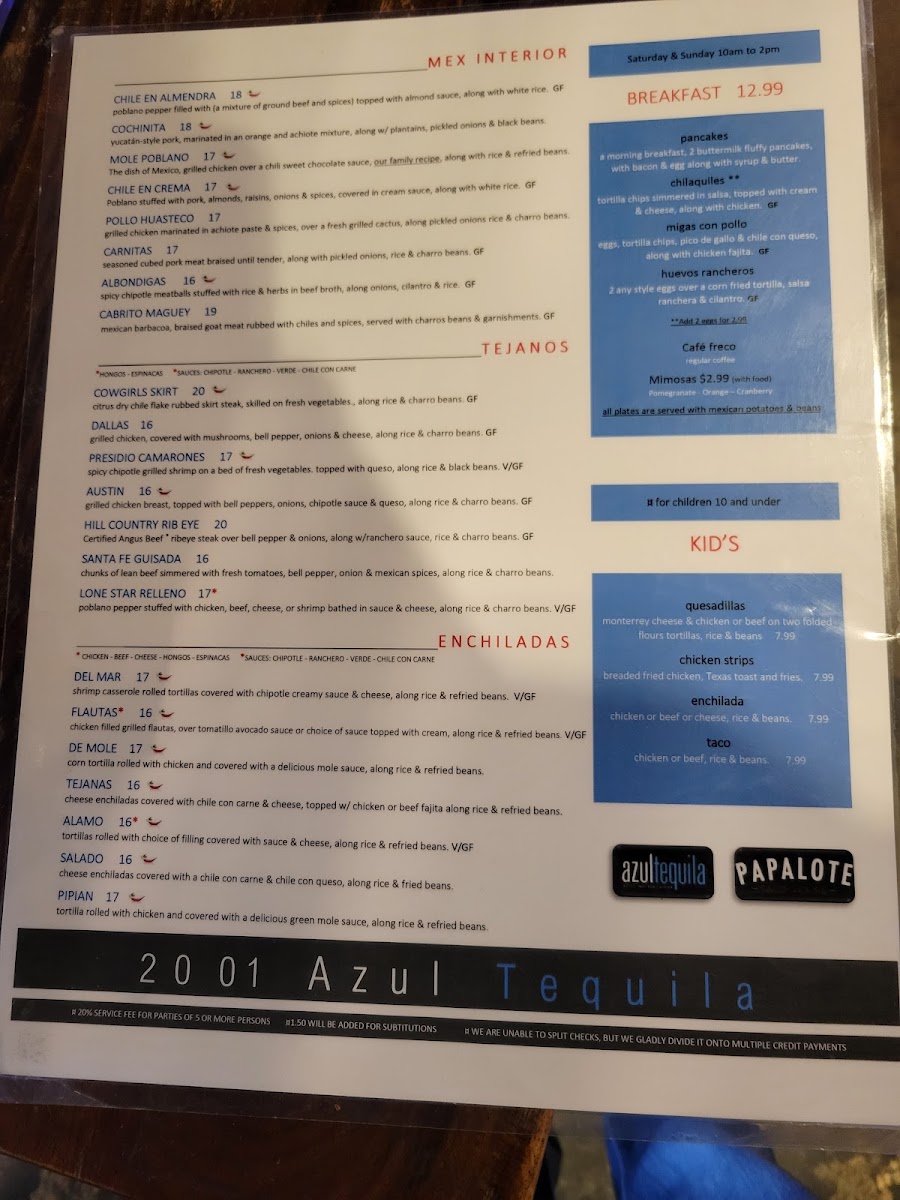 Azul Tequila gluten-free menu