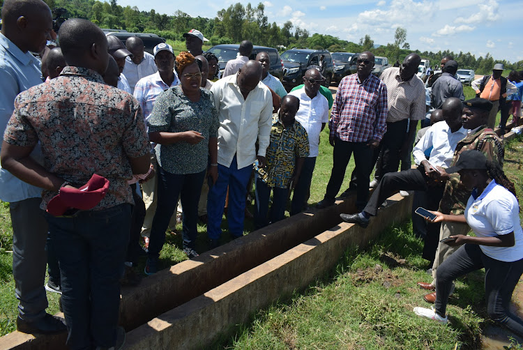 Members of the Parliamentary committee on regional development when they toured the Kimira Oluch farm improvement project in Karachuonyo constituency on May 6, 2024