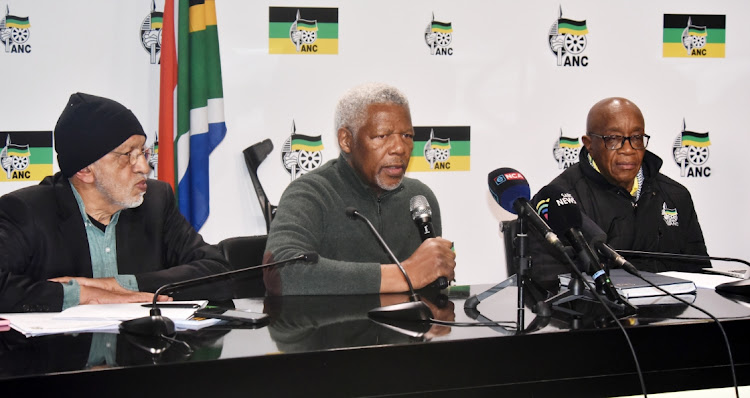 ANC Veterans League treasurer-general Fazel Randera, former deputy president Mavuso Msimang and president Snuki Zikalala at Luthuli House in Johannesburg. File picture: FREDDY MAVUNDA.