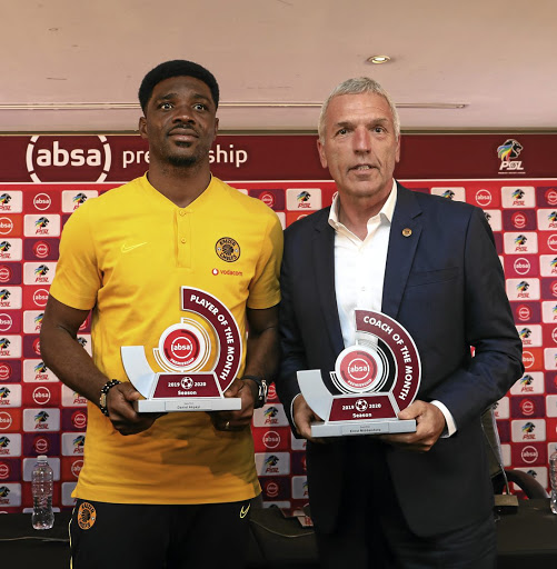 Daniel Akpeyi of Chiefs and his coach Ernst Middendorp with their awards./Muzi Ntombela / BackpagePix
