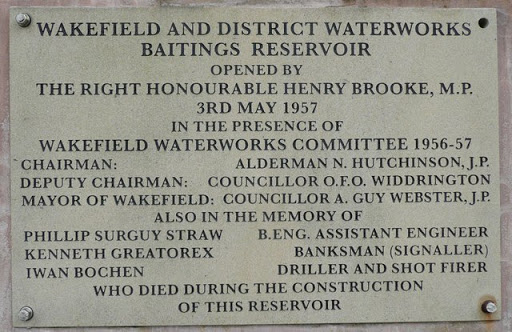 This records that the reservoir was constructed for the Wakefield and District Waterworks and opened in 1957.   © Copyright Humphrey Bolton and licensed for reuse under this Creative Commons...