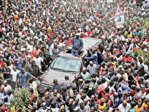 NASA Presidential candidate Raila Odinga addresses supporters in Mathare slum, Nairobi, yesterday. /JACK OWUOR