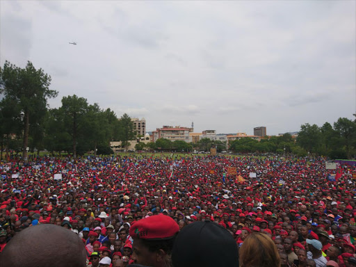 Demonstrators dressed in EFF regalia at the Union Buildings. Picture: Abigail Javier