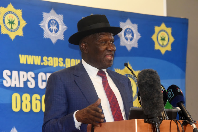 Minister of police Gen Bheki Cele briefs the media to provide feedback on Operation Shanela Successes Achieved in the past year, at the Ronnie Mamoepa Press Room in Pretoria.