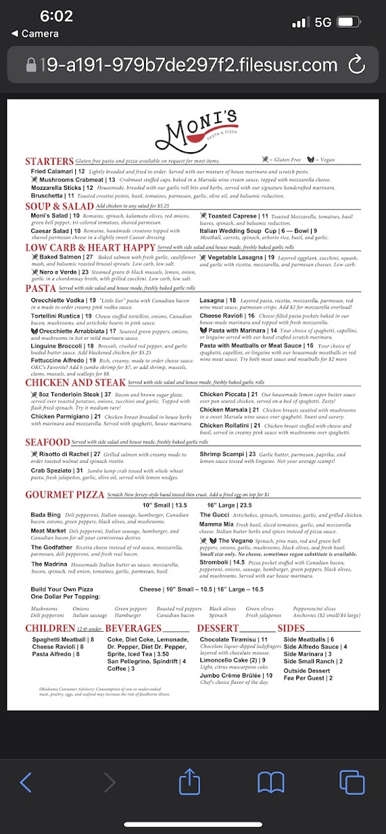 Moni's Pasta and Pizza gluten-free menu