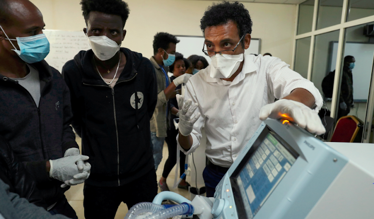 Habtamu Kehali, respiratory therapist gives a training on the mechanical ventilator for health professionals as part of preparations to treat the coronavirus disease patients at St. Peter's hospital on the outskirts of Addis Ababa, Ethiopia on May 2 2020.