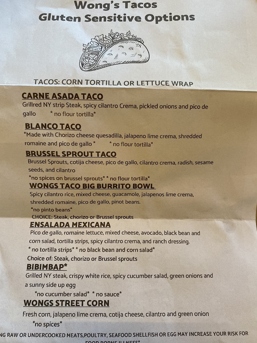 Wong's Tacos gluten-free menu