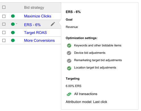 Bid strategy column. Summary of settings shown next to a selected bid strategy. The bid strategy was selected by placing the mouse on the name.