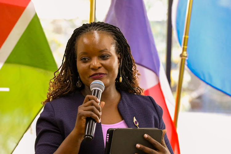 The President’s Advisor on Women’s Rights, Harriette Chiggai speaking during the International Women's Day celebrations held by the French Embassy at Alliance Francaise.