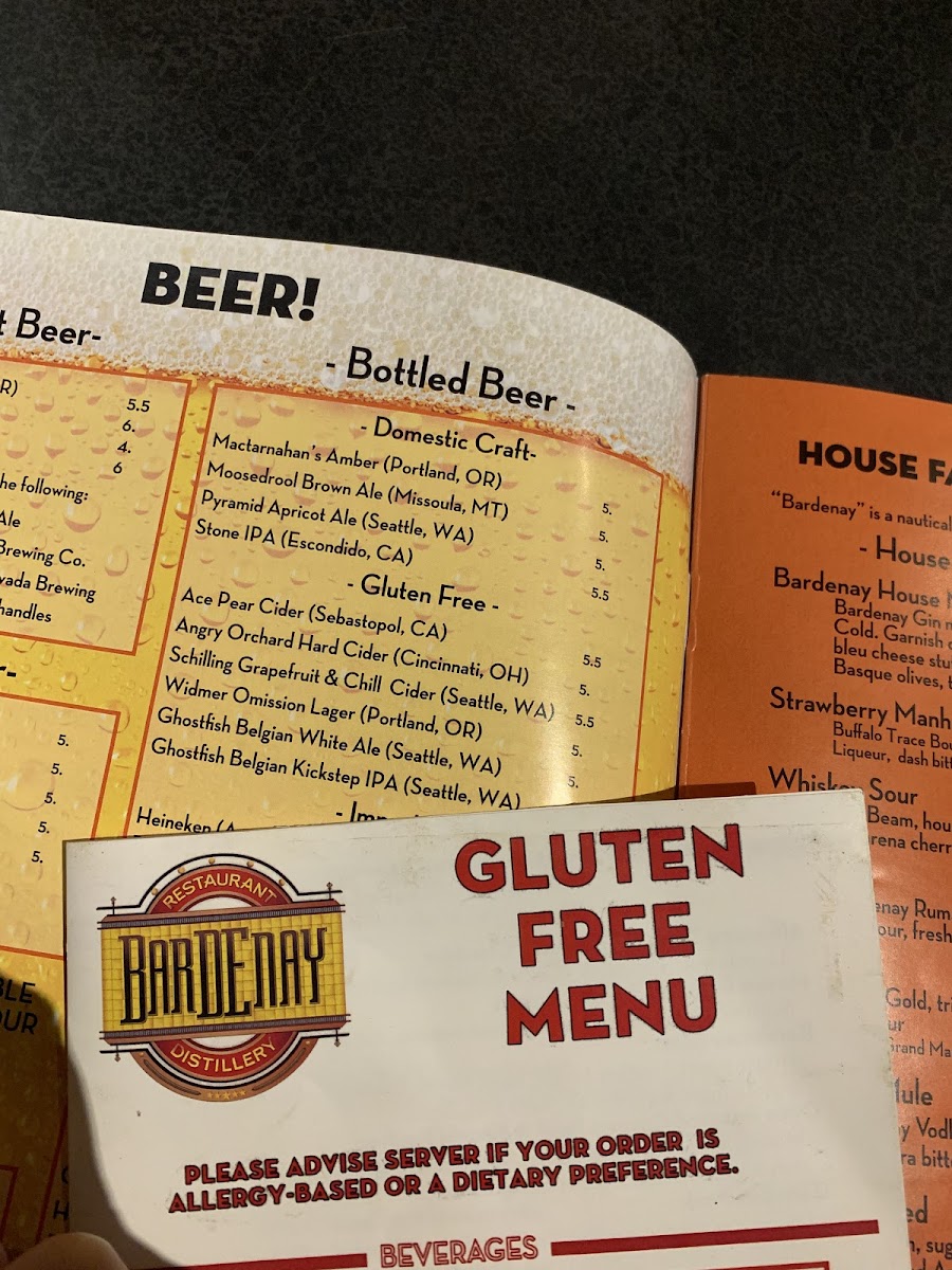 Bardenay Restaurant & Distillery gluten-free menu