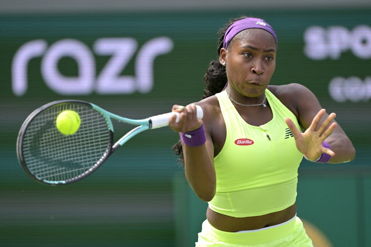 Coco Gauff hits a shot as she defeats Lucia Bronzetti in her third-round match in the BNP Paribas Open at Indian Wells in the US.