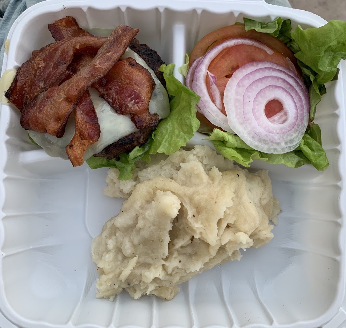 Bacon Burger with mashed potatoes! So delicious! Good quality food.