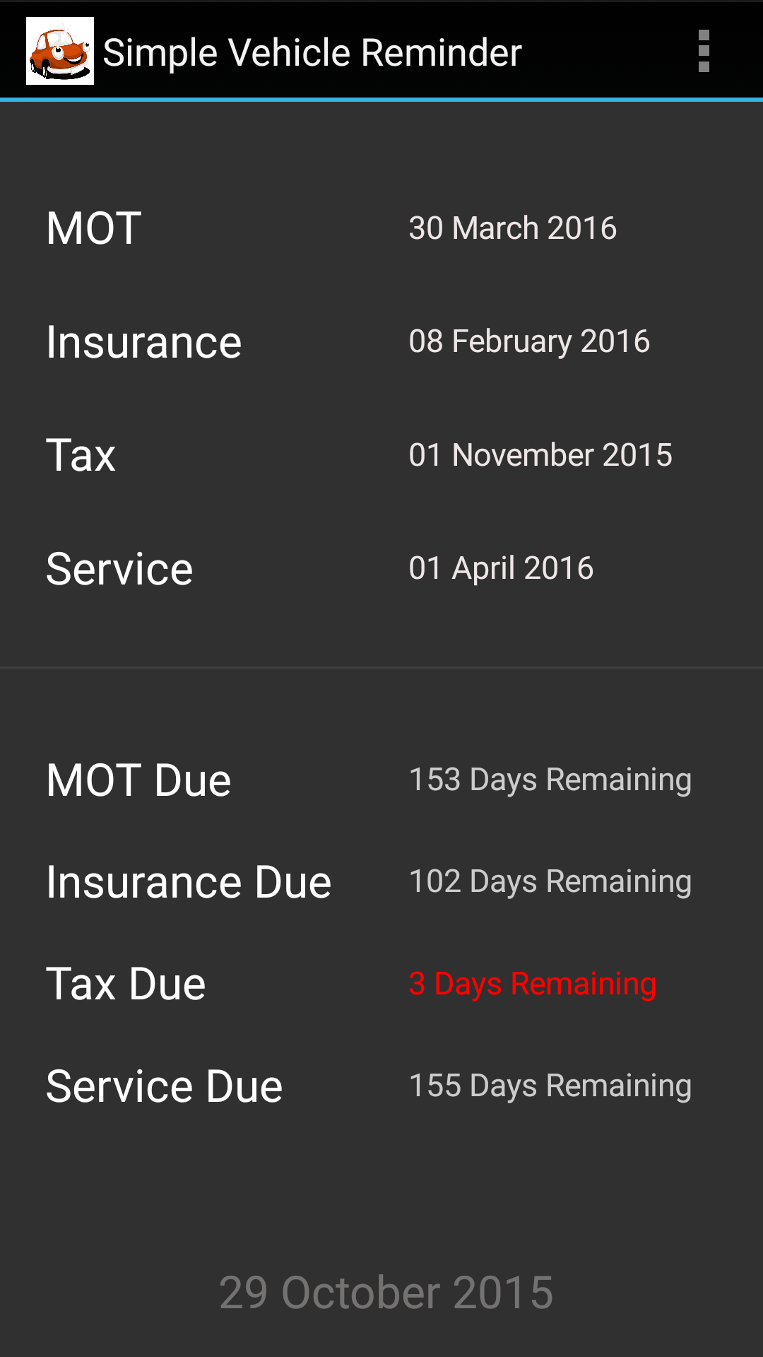 Android application Simple Vehicle Reminder screenshort