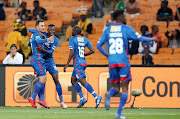 SuperSport United striker Bradley Grobler celebrates with teammates after scoring a goal in the 1-0 MTN8 second leg semi final win over Kaizer Chiefs on September 1 2018.