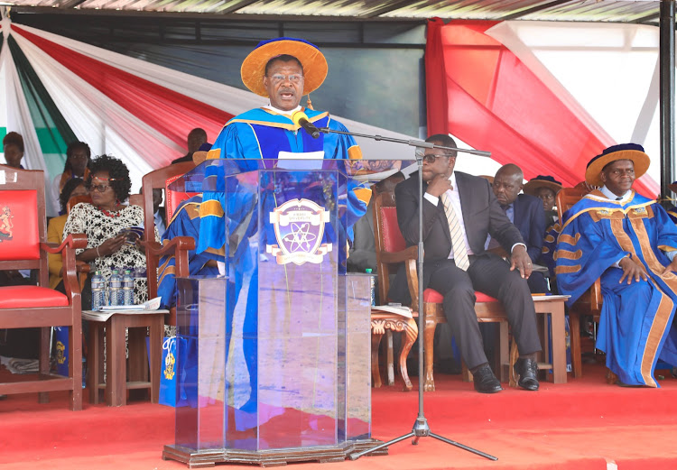 National Assembly Speaker Moses Wetangula speaking at Kibabii University after he was awarded an honorary degree of Doctorate in Humane Letters on March 3,2023.