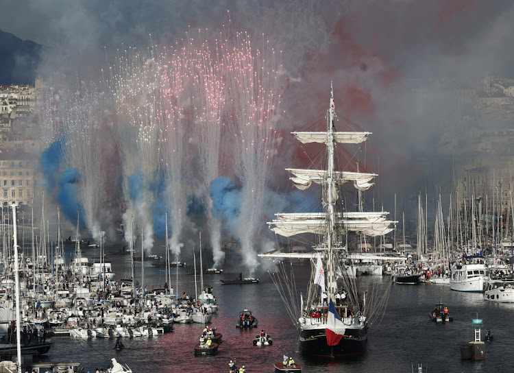 The 'Belem', a three-masted ship that carries the Olympic flame, arrives in Marseille, France, ahead of the Paris Olympics, May 8, 2024. Picture: REUTERS/BENOIT TESSIER