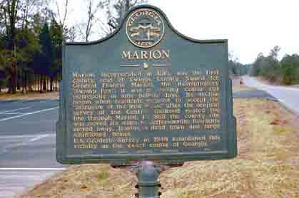 Marion, incorporated in 1816, was the first county seat of Twiggs County. Named for General Francis Marion, the Revolutionary `Swamp Fox`, it was a trading center and metropolis in ante bellum...
