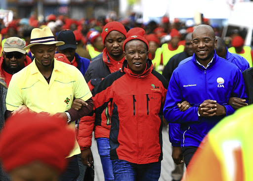 The relationship between Julius Malema's Economic Freedom Fighters, centre, and Mmusi Maimane's Democratic Alliance is as good as a marriage of convenience.