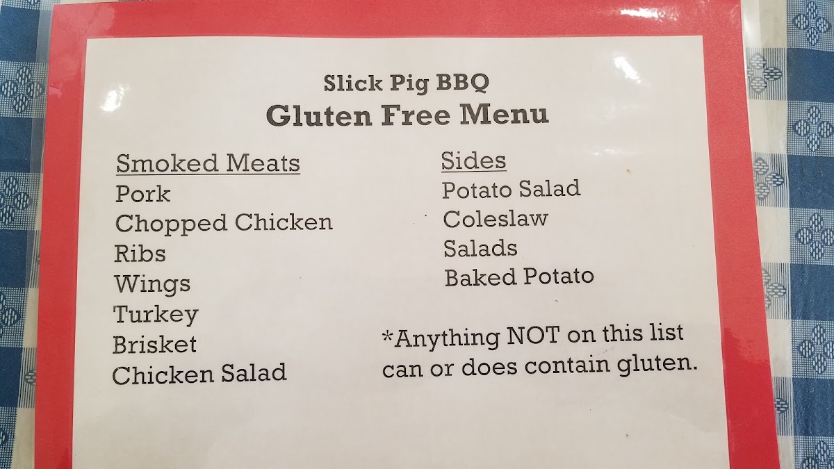 Slick Pig BBQ gluten-free menu