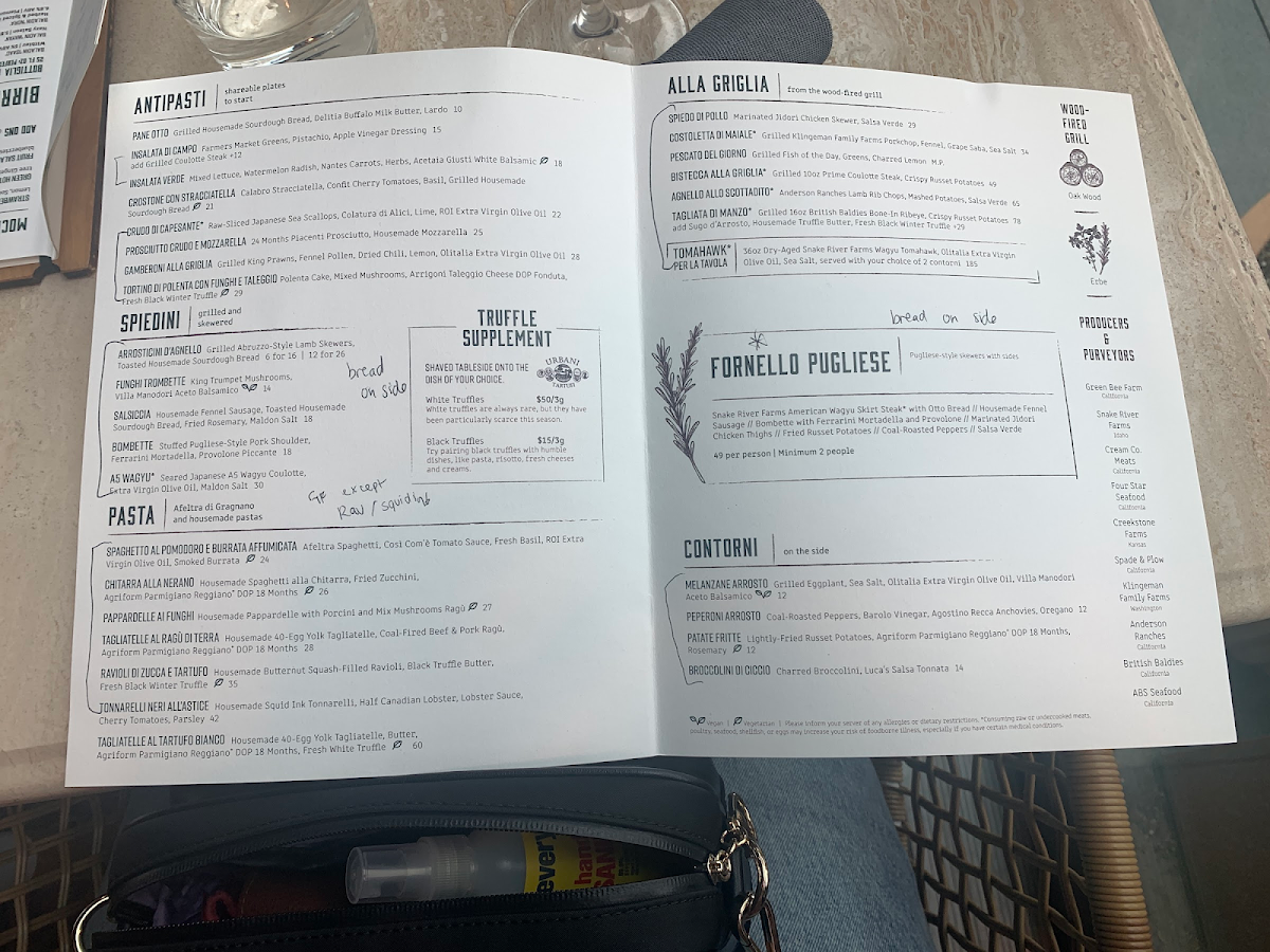 Terra menu with gluten free notes from server