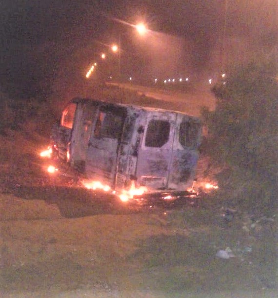 The ambulance torched by protesters on Wednesday night in Booysen Park.