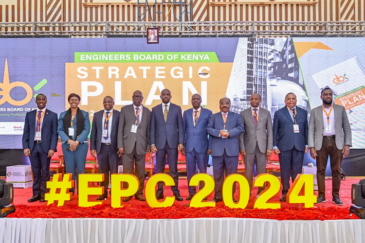 Transport CS Kipchumba Murkomen posses for a photo with delegates during the Engineering Partnerships Convention 2024 at Dedan Kimathi University of Technology in Nyeri on May 8, 2024