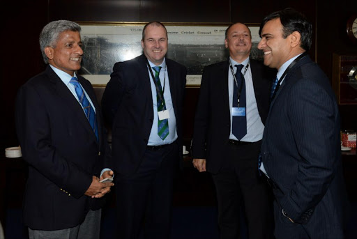 Former Sri Lanka cricketer Nishantha Ranatunga (L), Geoff Allardice of Australia (2nd L), Warren Deutrom of Ireland (2nd R) and Subhan Ahmed of Pakistan arrive to attend the International Cricket Council annual conference week along with other members at the Melbourne Cricket Ground (MCG) on June 24, 2014.