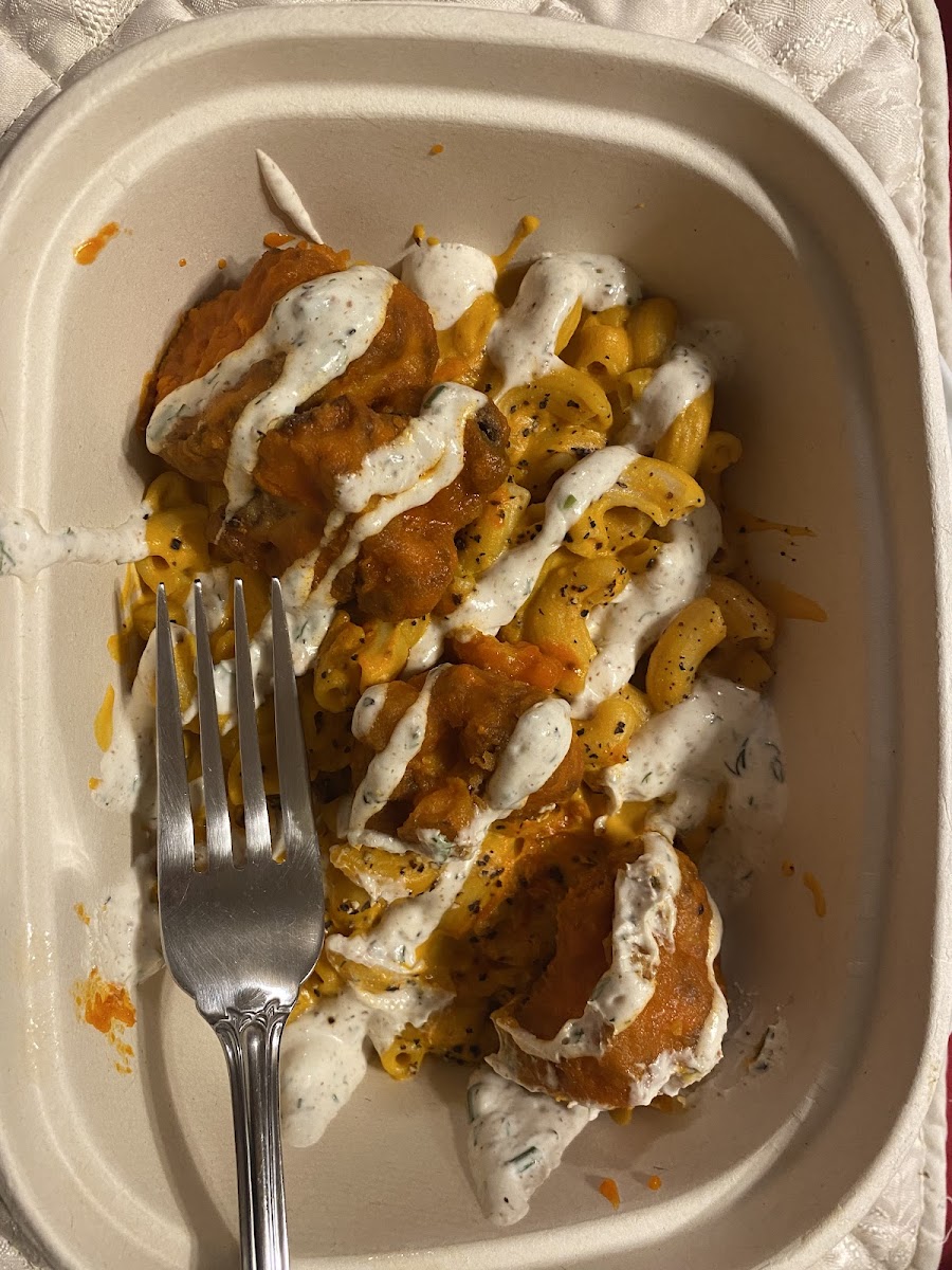 Buffalo mac and cheese, fork there for scale